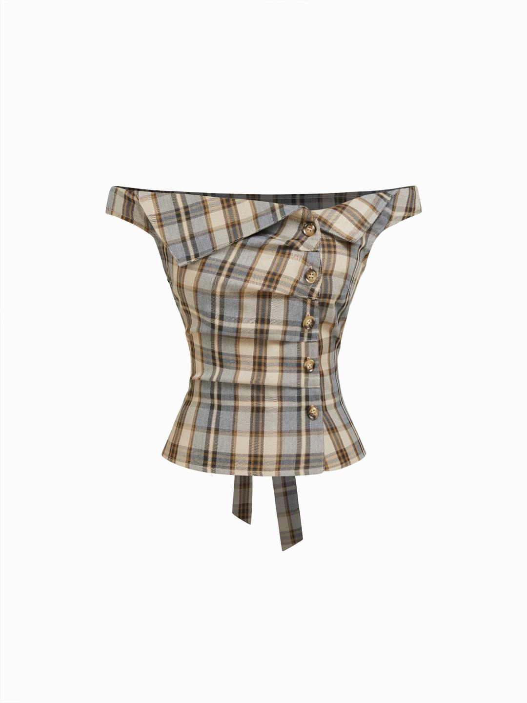 Plaid Asymmetrical Neck Ruched Short Sleeve Blouse