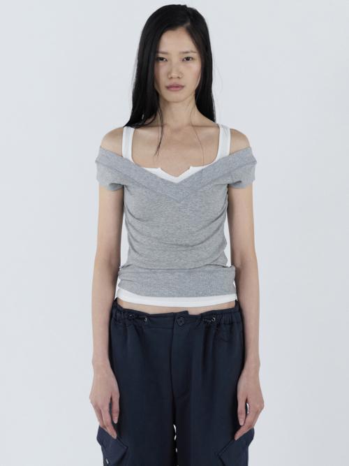 V-Neck Rib Top _ Gray