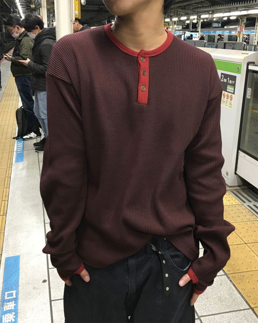 헨리넥 와플 워머 링거 티셔츠 4C