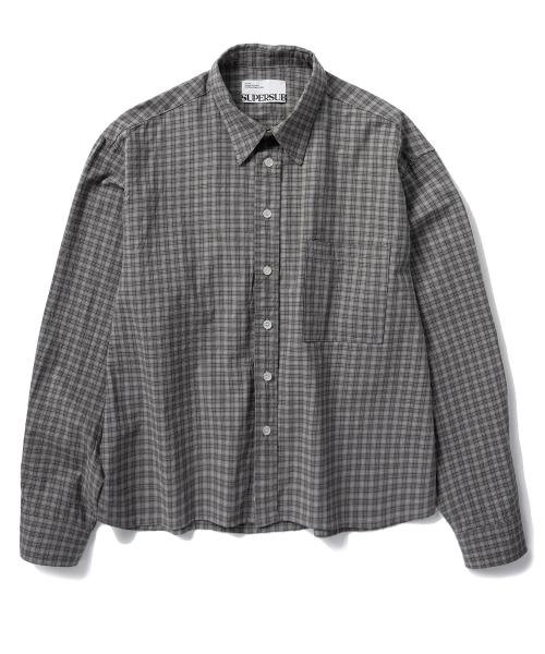 UNISEX 크롭 체크 긴팔 셔츠 - 차콜