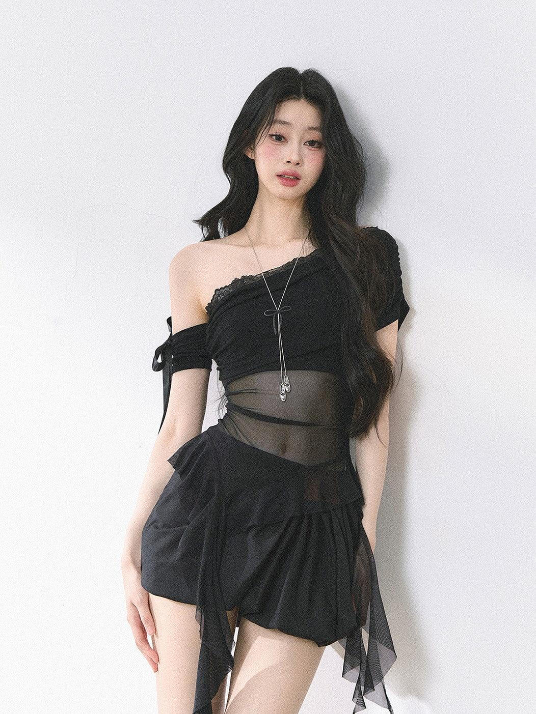 Oblique Shoulder Mesh T-shirt DIA0476