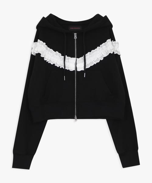 FRILL HOODED ZIP UP _BLACK