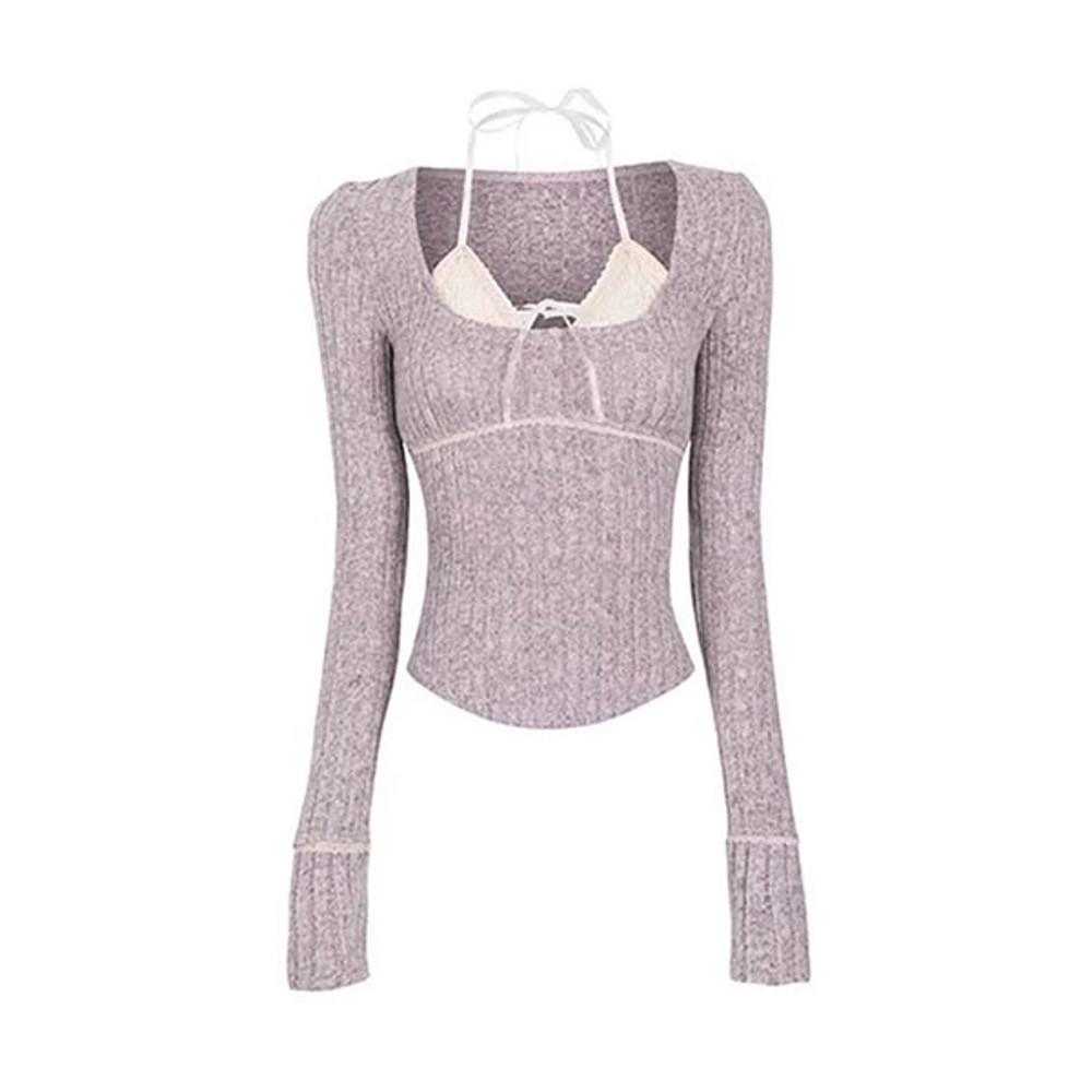 (3color) 홀터넥 레이스 레이어드 골지 긴팔