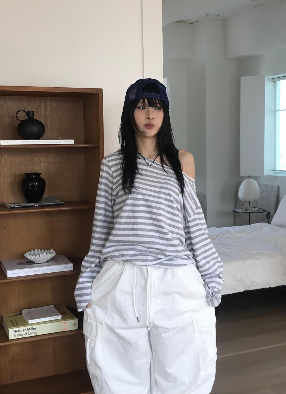 Off-Shoulder Striped T-shirt