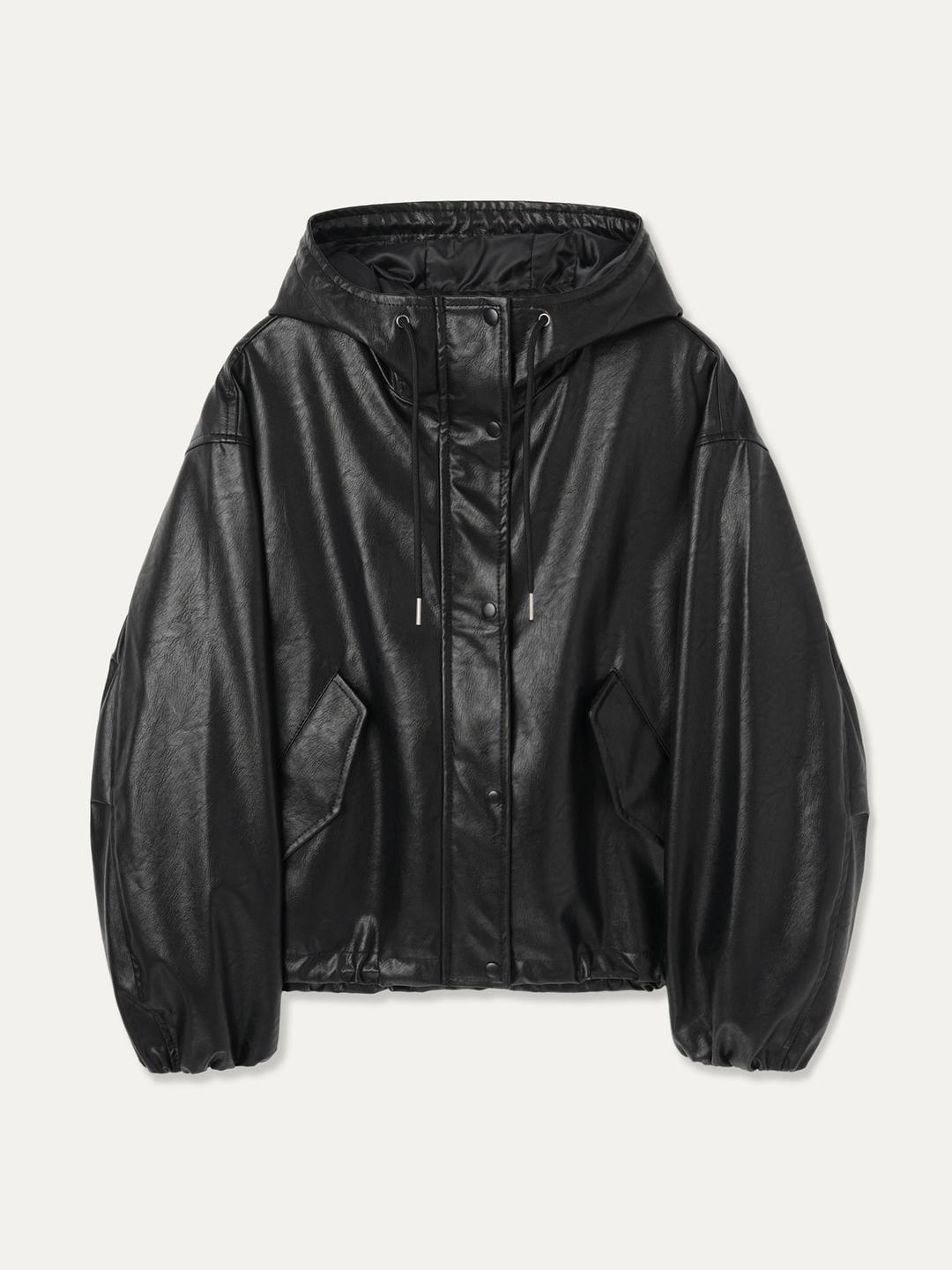 (당일배송) Leather Hooded Jacket_Black