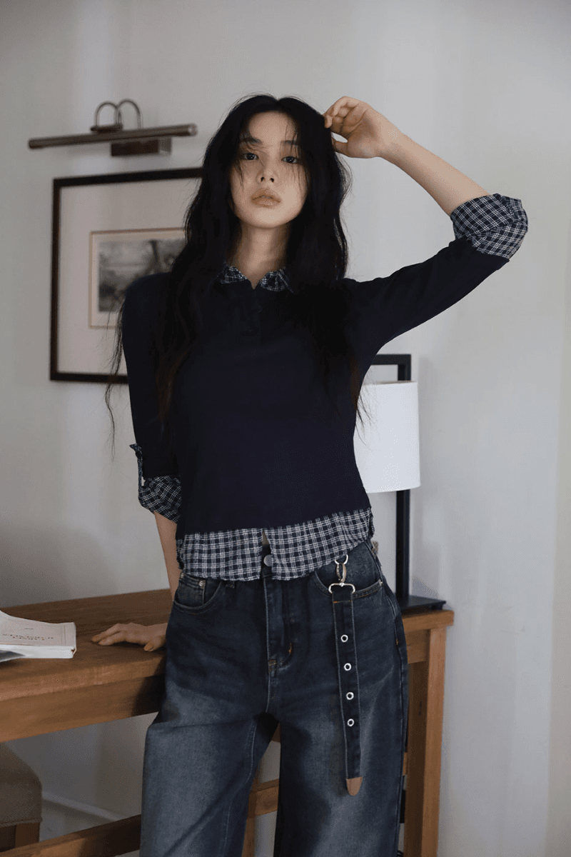 모디 체크 배색 7부 카라티