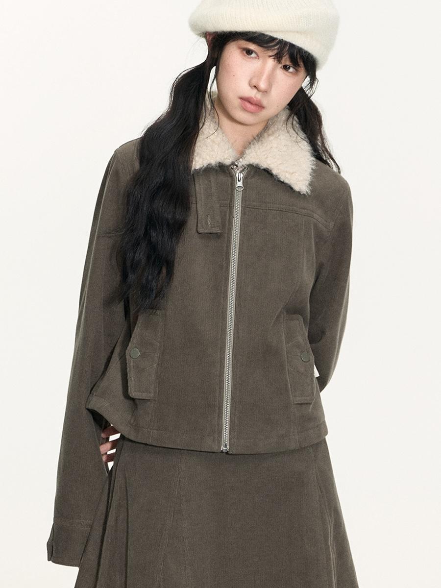 TAKEANAP Shearling Collar Corduroy Zip-Up Jacket