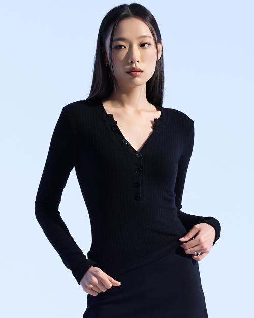 모아(MOAA)  Henley Rib Knit Top (BLACK) - 사이즈 & 후기 | 무신사