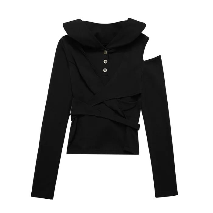 STRAP HOODED LONG SLEEVE TOP BLACK