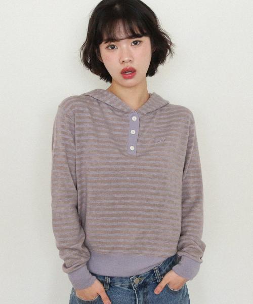ke302-Stripe Knit Hoodie Purple