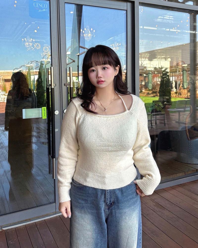 [55-77/6color] 포근 홀터넥 볼레로 긴팔 스퀘어넥 니트
