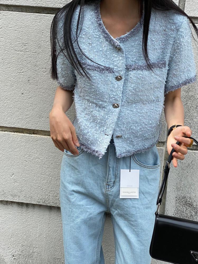 여름 고급 노카라 라운드 배색 크롭 숏 하객룩 오피스룩 모임룩 트위드 반팔 자켓