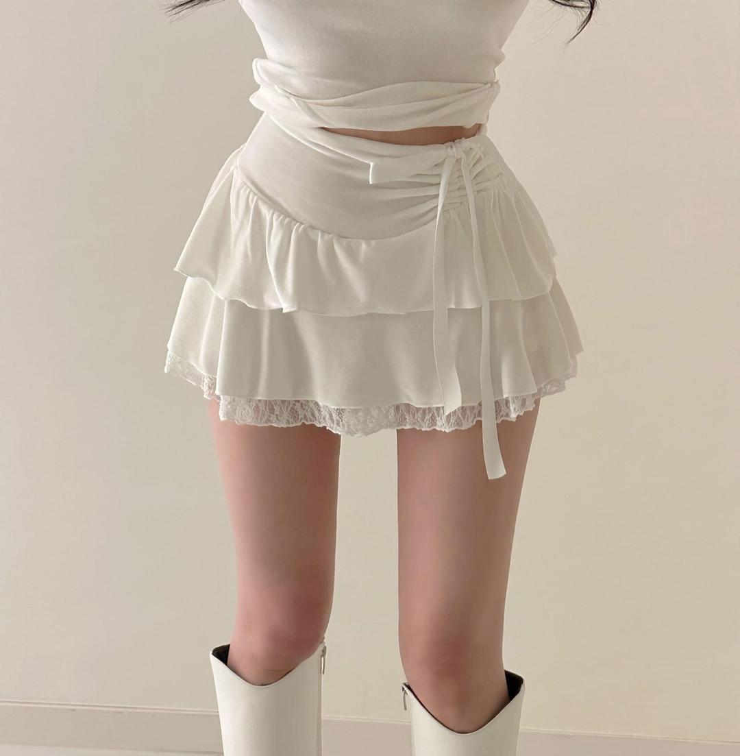 헤안느 [속바지안감/러블리🤍]버터 벨벳 셔링 리본 포인트 더블 캉캉 레이스 미니 치마바지 스커트