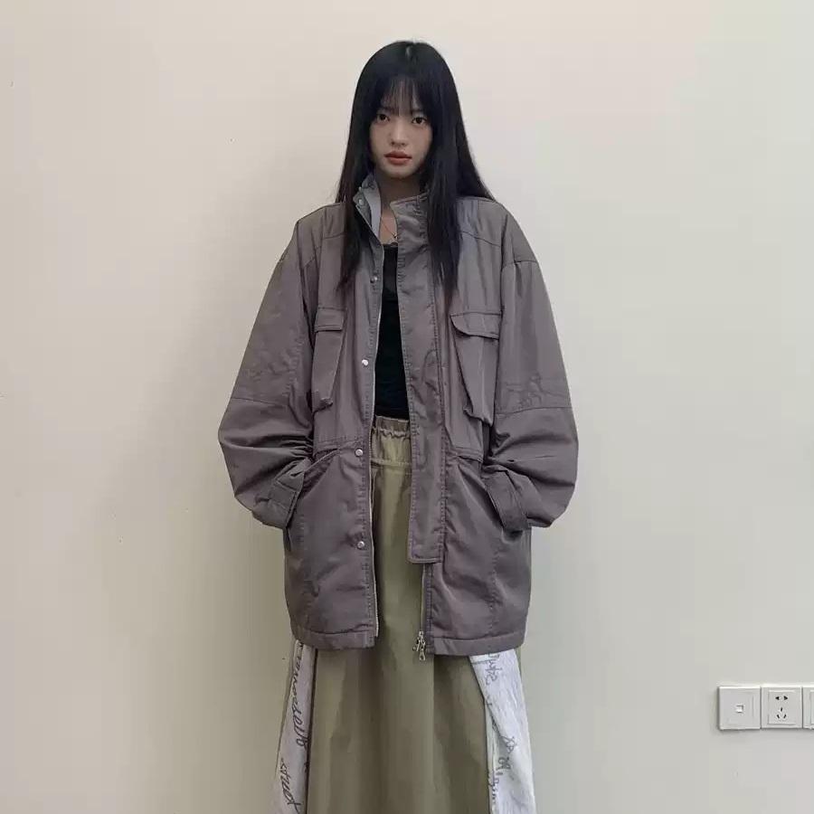 NEVERSEEZ 워크자켓 멀티 포켓 롱 차이나카라 폴리 집업 야상