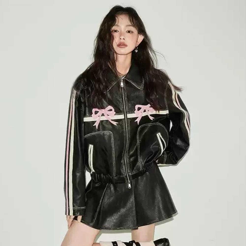 DIDDI MODA 레트로 리본 가죽자켓 블랙 브라운 카라 집업 레더 자켓