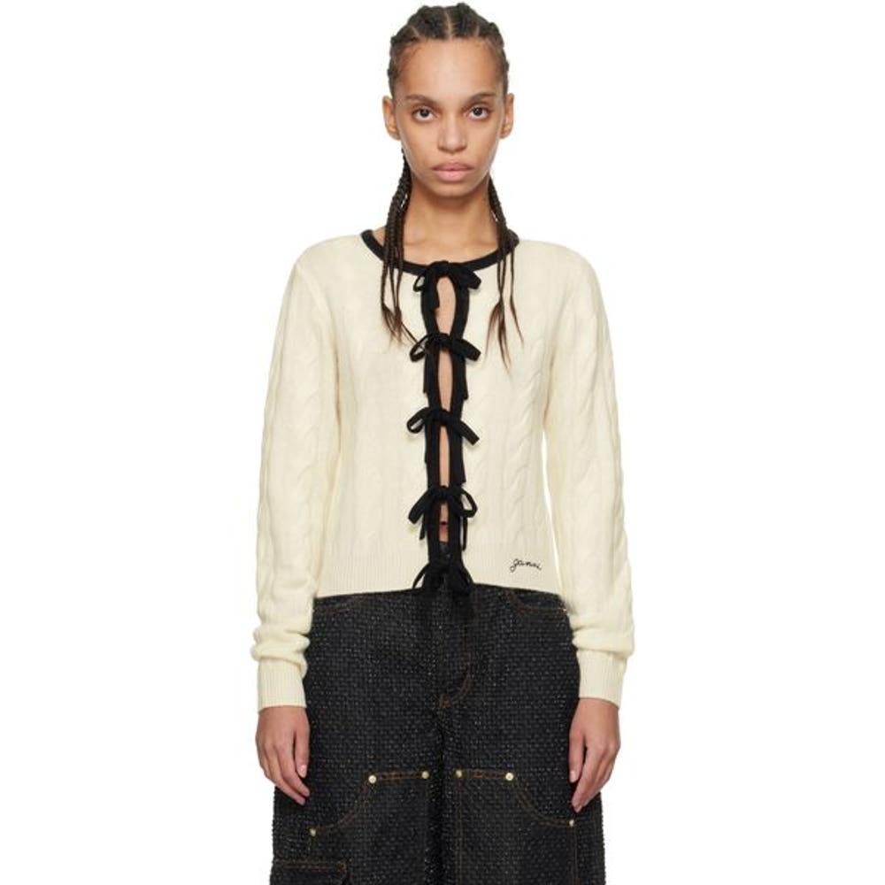 가니 오프 화이트 블랙 캐시미어 믹스 타이 스트링 가디건 K2412 Egret 251144F095003