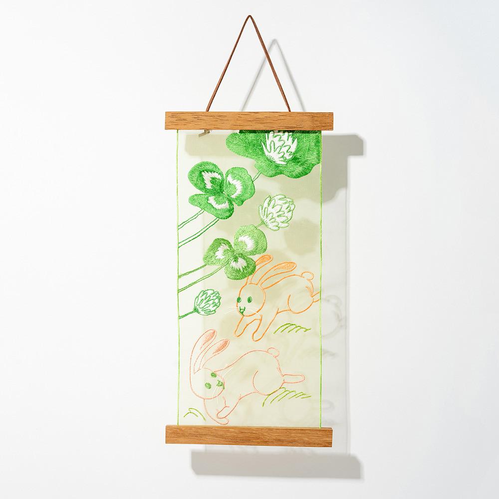 [복복복] 쌍토도(Lime green) 노방 자수 포스터(Korean Fortune Poster, Two rabbits)