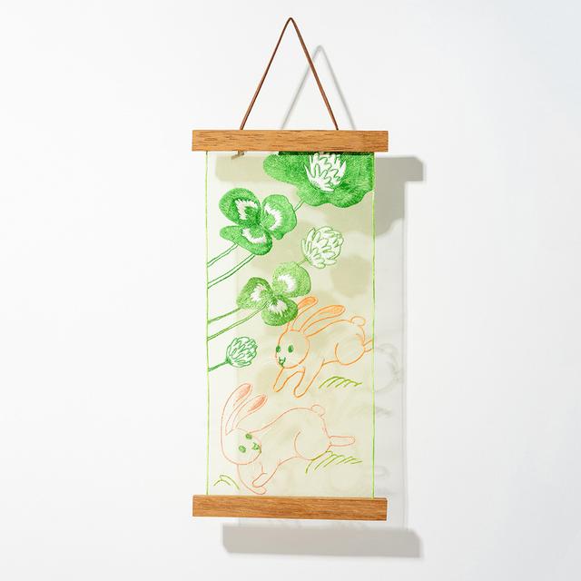 [복복복] 쌍토도(Lime green) 노방 자수 포스터(Korean Fortune Poster, Two rabbits)