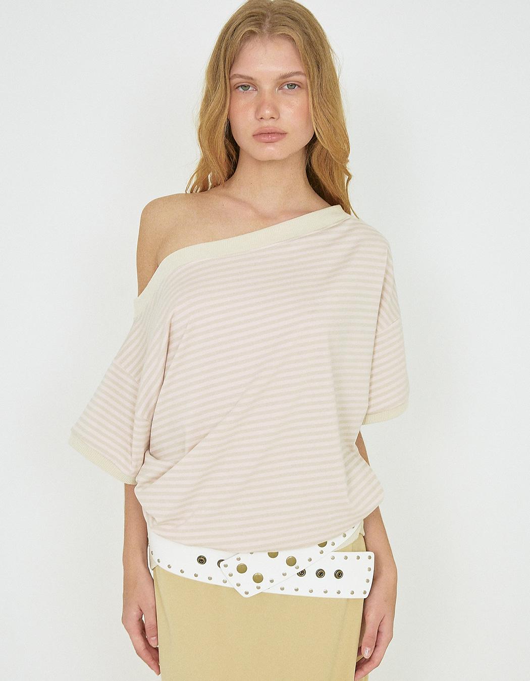 STRIPE ONE-SHOULDER TEE, PINK BEIGE