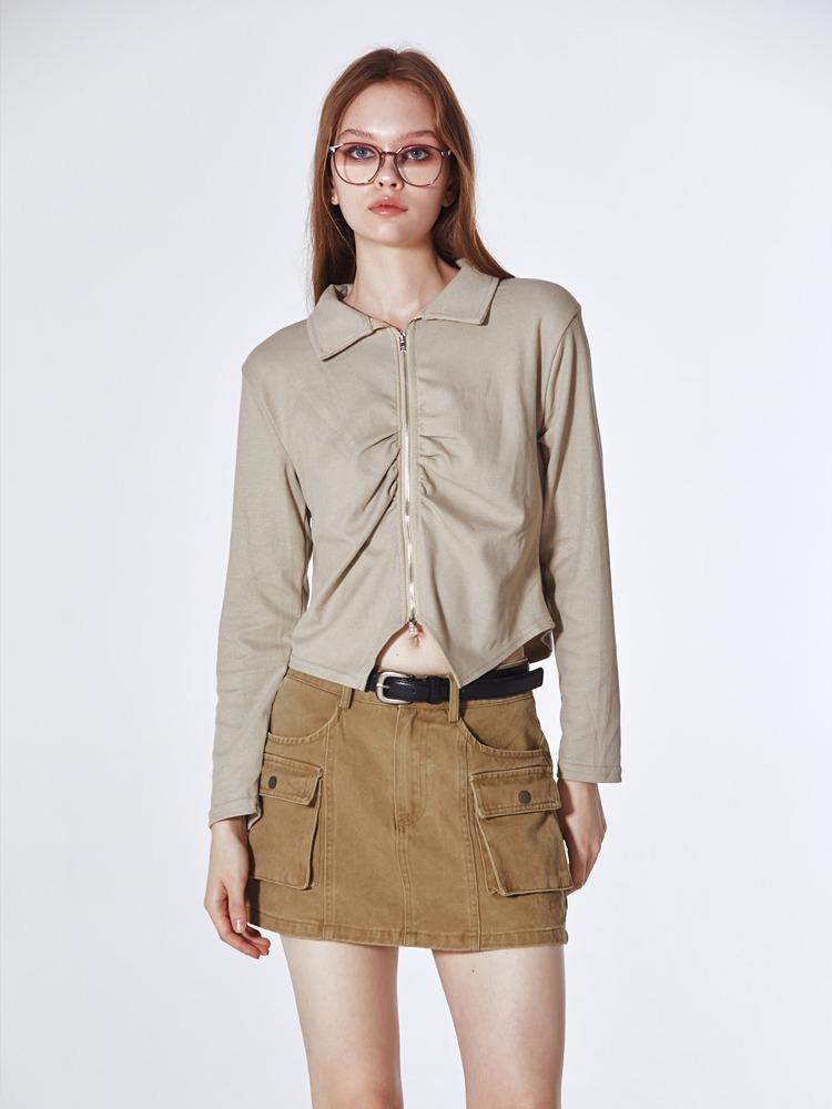 Front Ruched Zip Up Cardigan (DARK BEIGE)