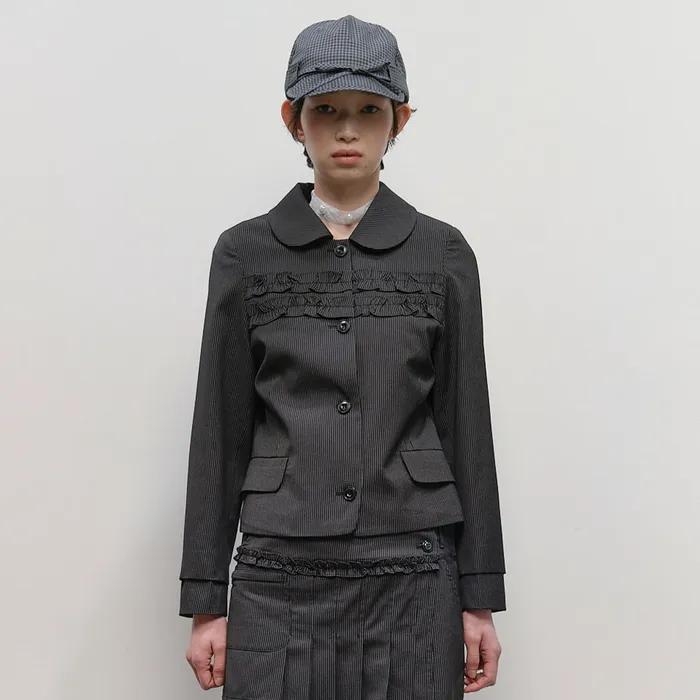 Striped Ruffled Strap Jacket [Black]