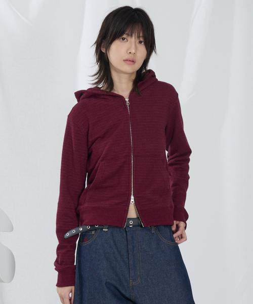 우먼스 부클 스트라이프 후드집업 [와인]