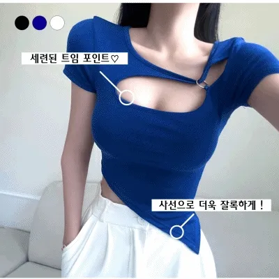 [허리잘록핏/섹시트임] 핏보장 언발 사선 트임 링 포인트 반팔 티셔츠 데일리 데이트룩 휴양지 축제 페스티벌룩 흠뻑쇼 워터밤 비치룩 슬림 크롭 유니크 힙 국내제작 국산