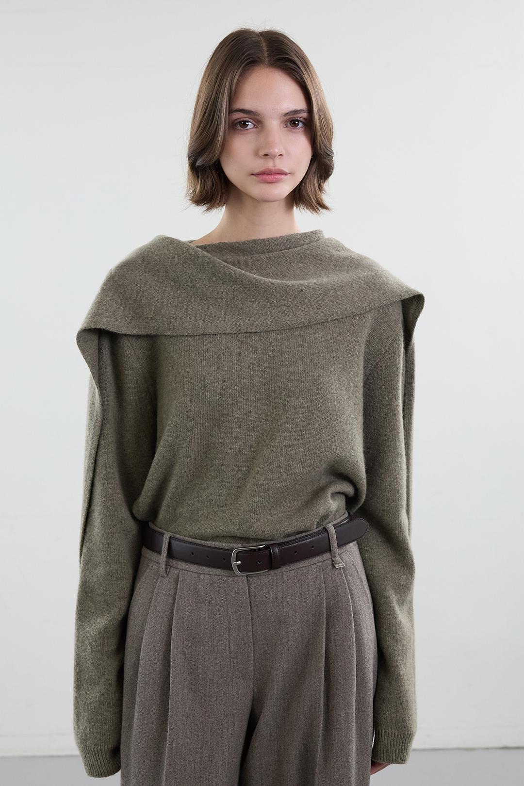 캐시 울 머플러 니트 - 카키