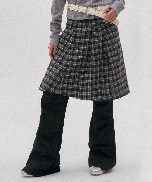 더블 버튼 체크 미디 레이어드 랩 플리츠 스커트[체크]