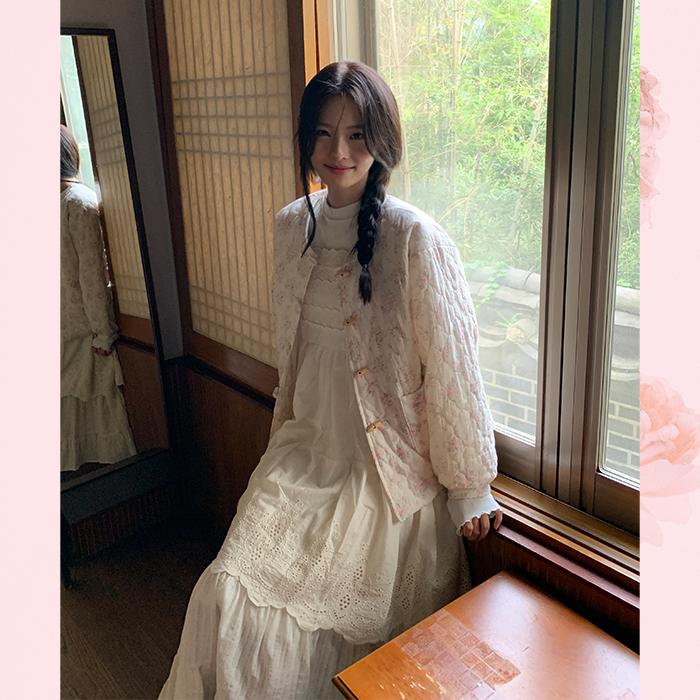 물결 레이스 끈나시 원피스 - 크림