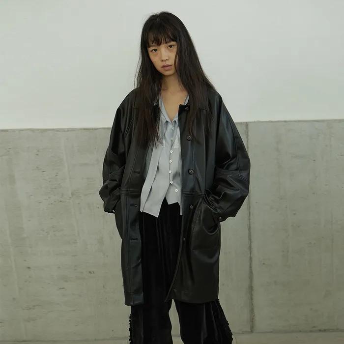 Wet leather half coat_black
