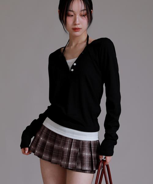 반팔 추가 넥포인트 버튼 레이어드 티셔츠_블랙