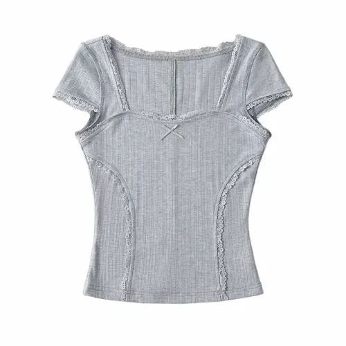 (3color) 리본 레이스 핀턱 반팔티셔츠