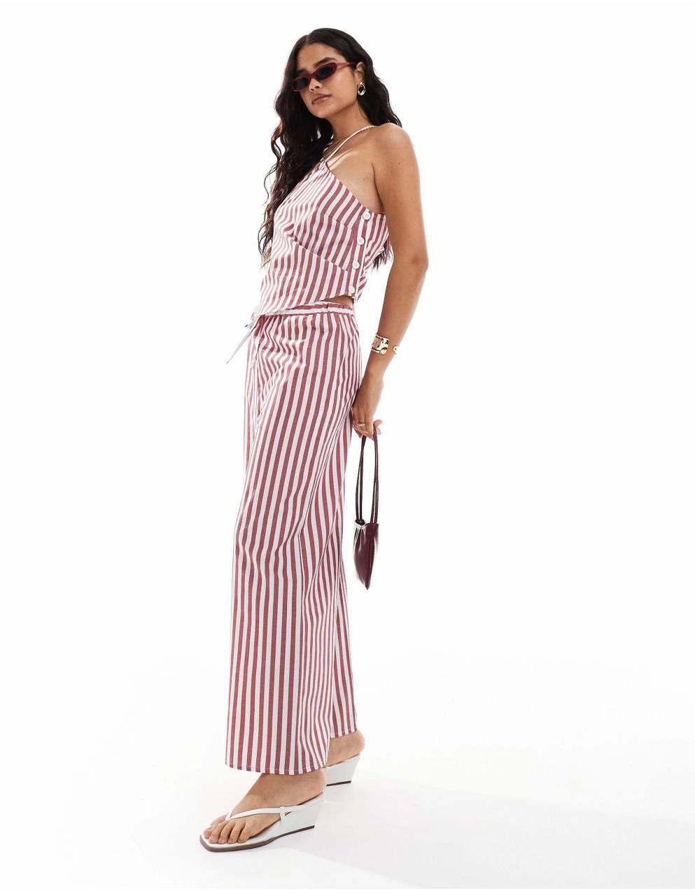 ASOS DESIGN 와이드 레그 스트라이프 트라우저 코디네이트 버건디 스트라이프