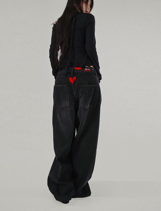 HEART RED WIDE DARK BLACK DENIM JEANS 하트 레드 와이드 다크 블랙 데님진