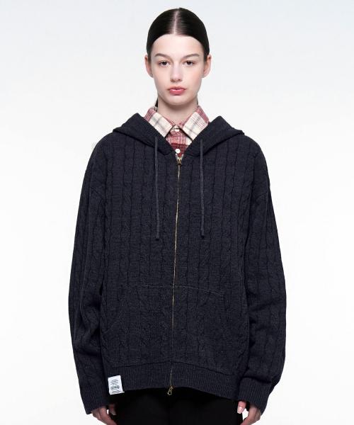 CABLE KNIT ZIP-UP HOODIE (NAVY)