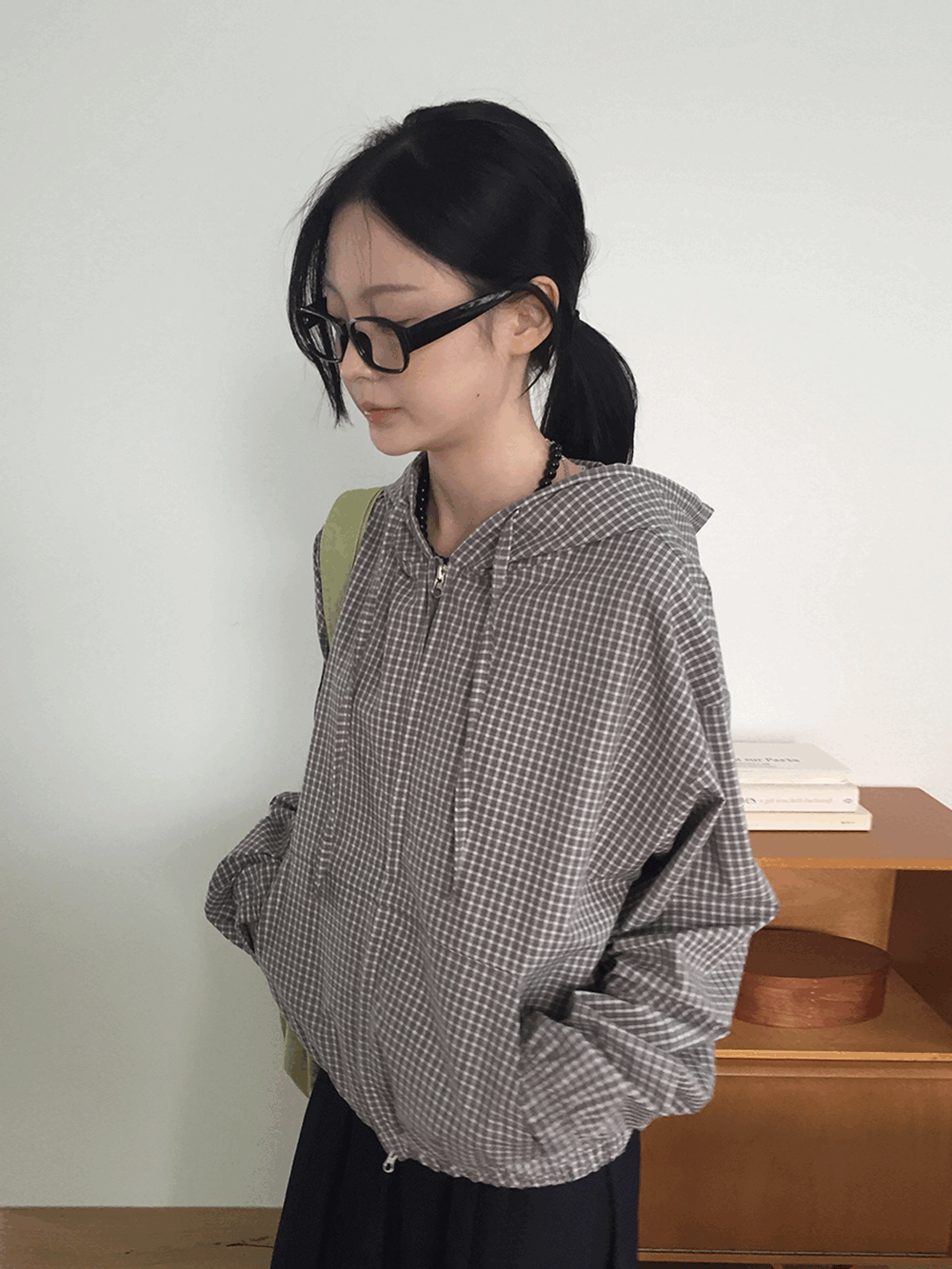 하우유 펄스 코튼 체크 후드 바람막이  (3c)