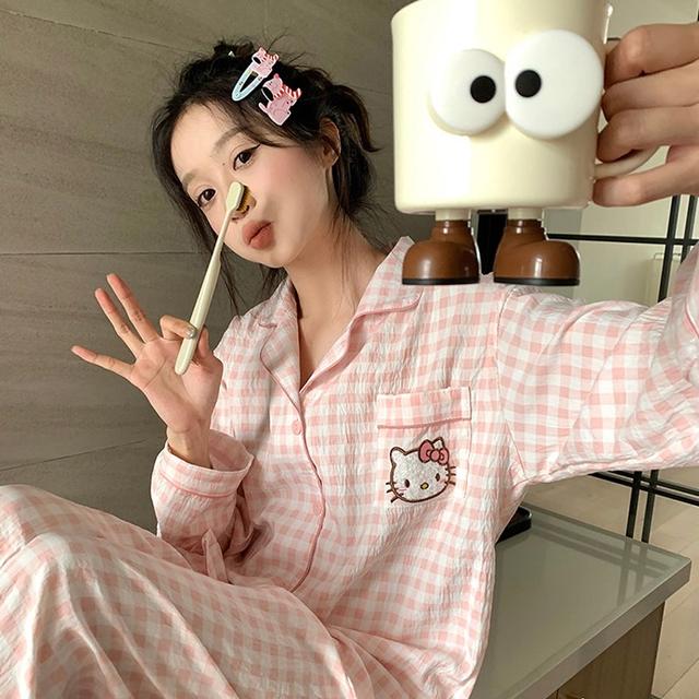핑크 체커보드 키티 잠옷 가을 겨울 키티 파자마 세트 홈웨어