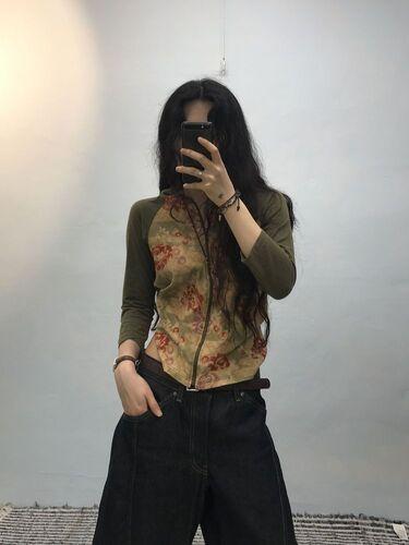 Style Operation floral khaki zip up hoodie
