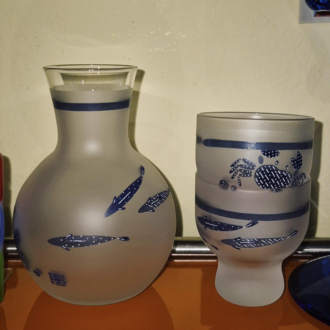 이시즈카 레트로 불투명 생선&꽃게 사케 도쿠리 세트