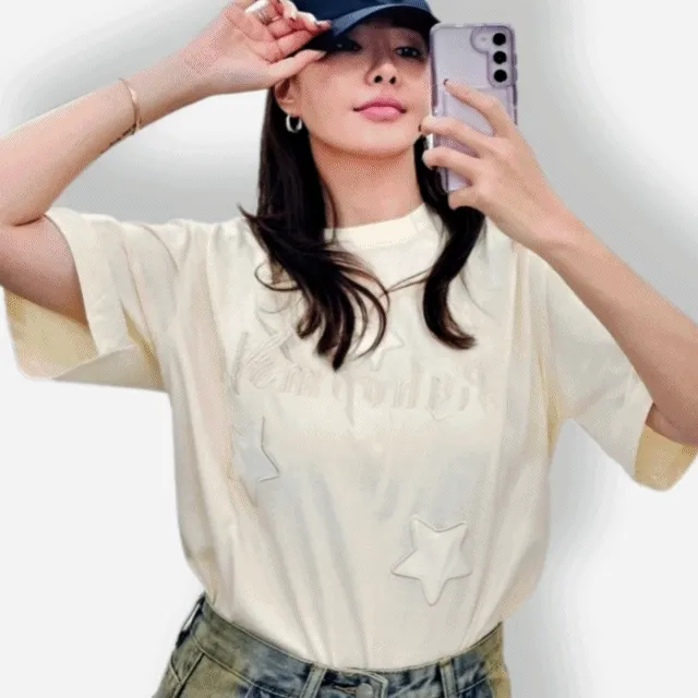 🚀당일발송 [한정특가❤] 남녀공용 빈티지 스타 자수 오버핏 반팔 티셔츠 G76784 (여름/여름옷 신상 커플룩 특가할인)