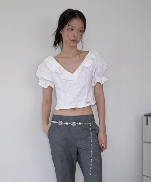 RUFFLE JACQUARD BLOUSE_WHITE
