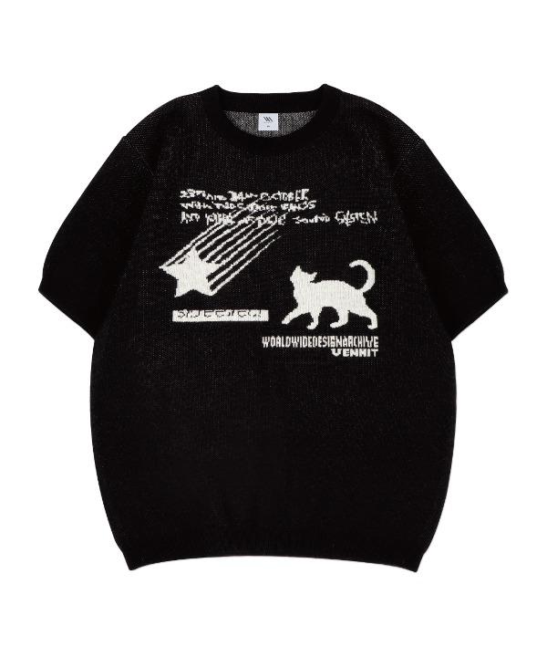 별과 고양이 자카드 니트 하프티[BLACK]