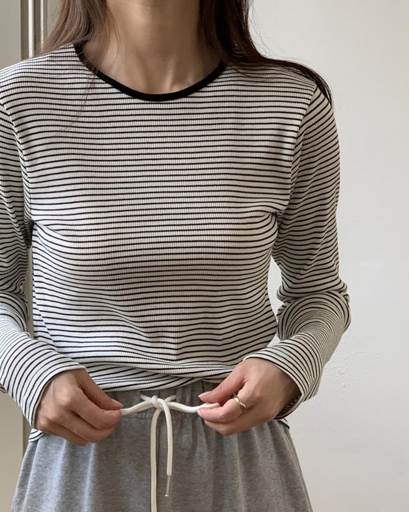 (당일)스트라이프 라운드 이너 긴팔티 여성 미니멀 골지 코튼 단가라 티셔츠(82368)