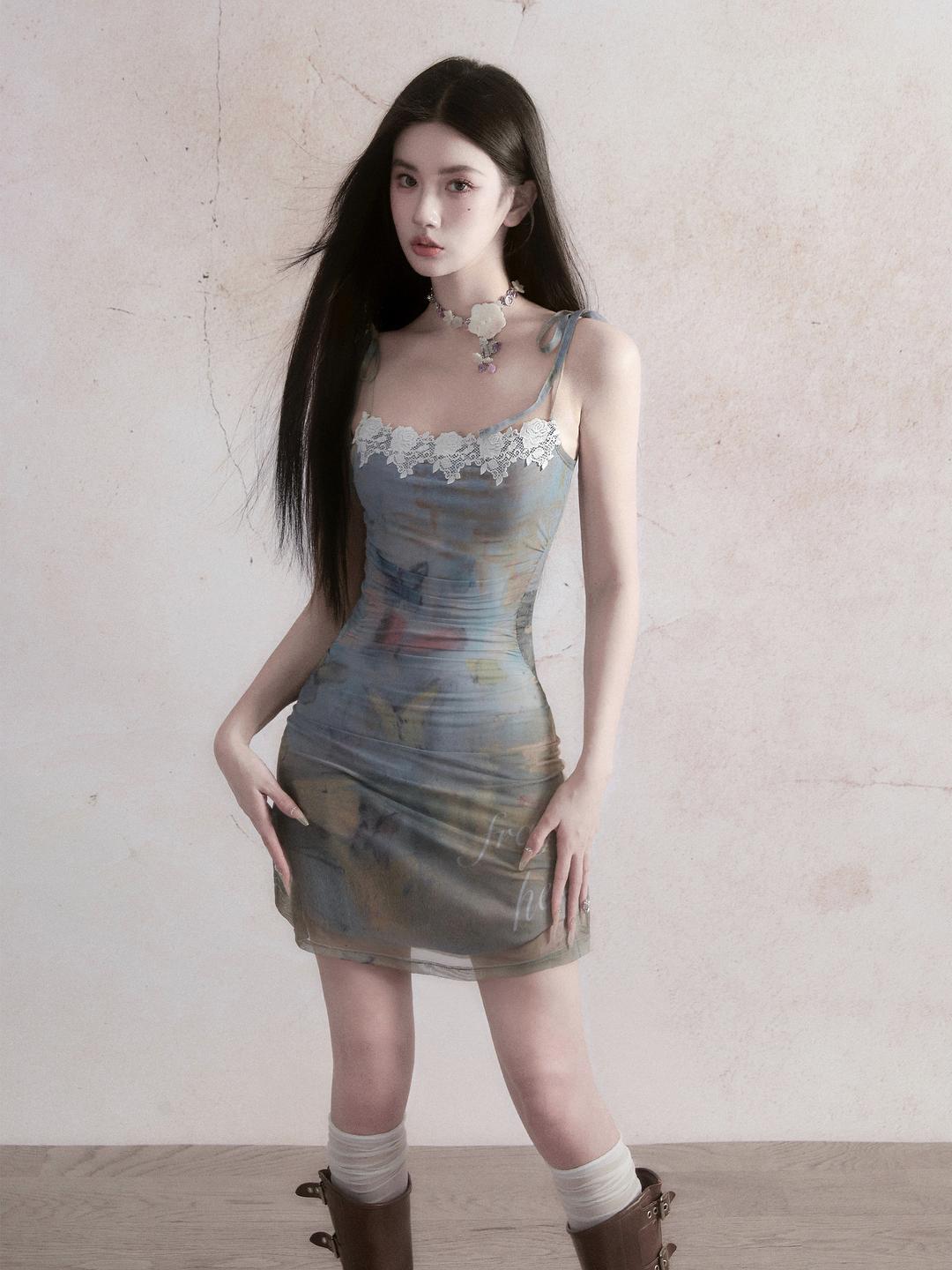[FRAGILE HEART] Butterfly Dream - Print Suspender Slim Dress