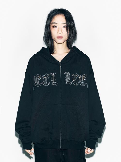 STUDDED ZIP-UP HOODIE OVERSIZED BLACK