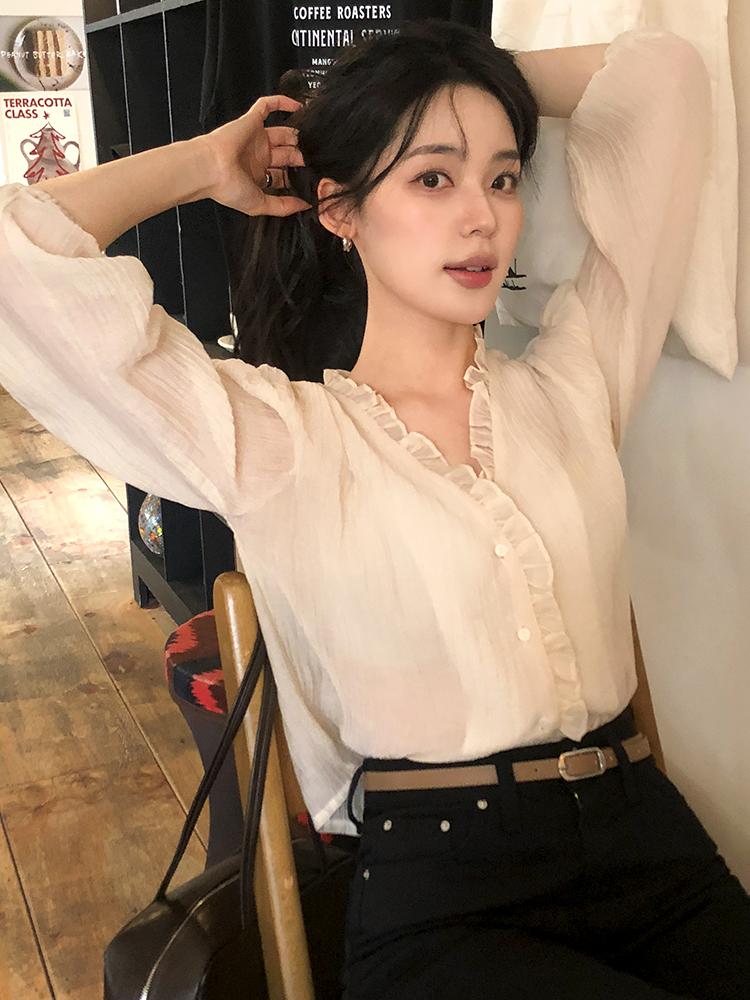 렌느 [데이트룩/출근룩] 핀터 링클 프릴 블라우스