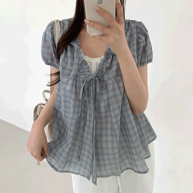 [소매널널/일체형🍅] 에리나 체크 퍼프 프릴 레이어드 브이넥 리본 루즈핏 빈티지 반팔 블라우스