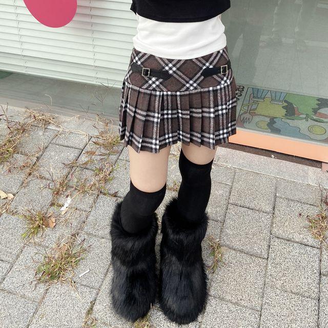 울 체크 비조 버클 벨트 플리츠 로우라이즈 니트 미니스커트 2col