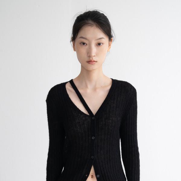 Diagonal Slit Neck Cardigan (Black)